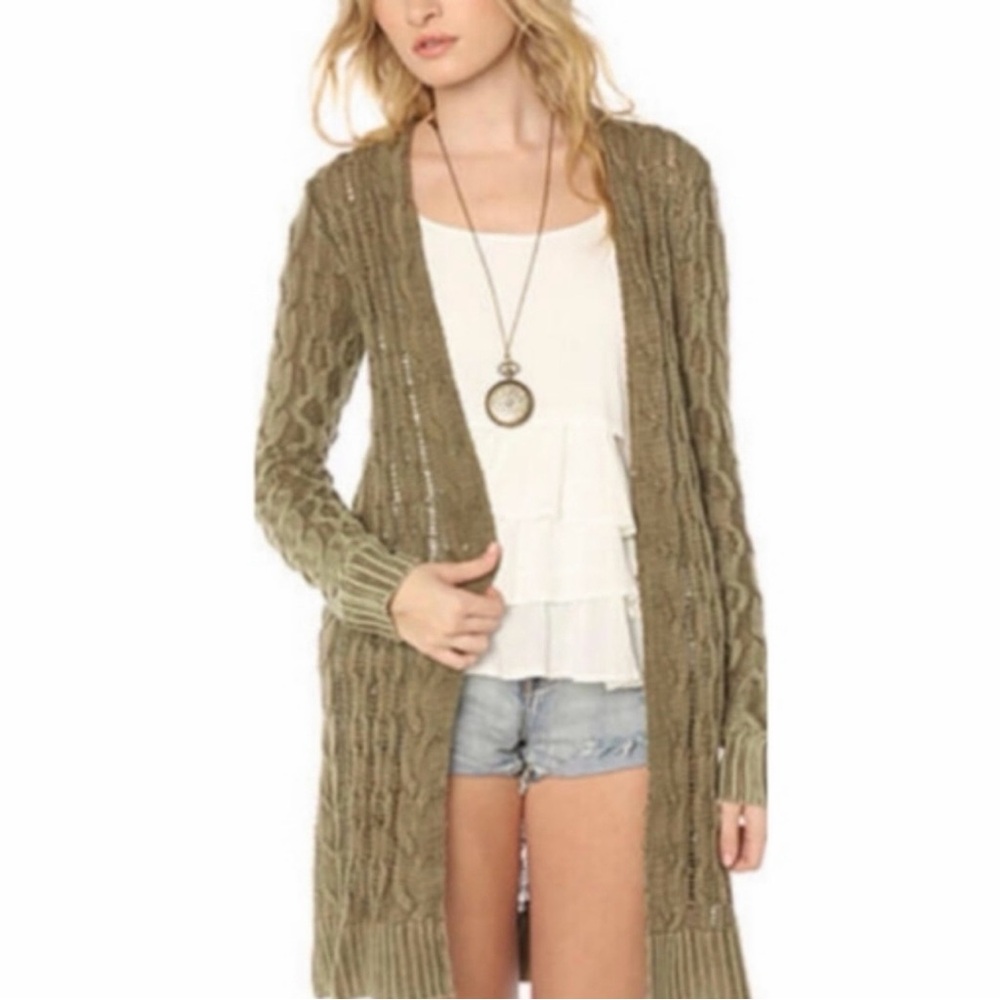 Free People green cable knit open front long cardigan  sweater linen blend Small